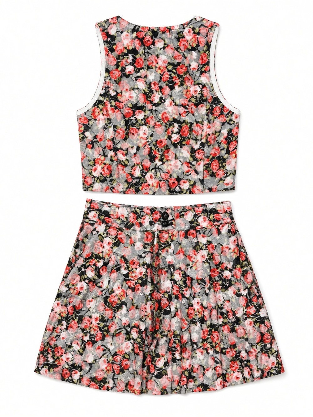 Millau Floral Crop Tank & Pleated Skirt Set - Pink, Black, White